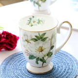 品来运陶瓷马克杯家用欧式喝水杯子带盖骨瓷咖啡杯大容量早餐牛奶杯 茶花皇室杯+勺（300ml）