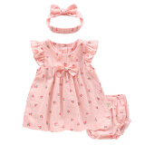 TTKA 婴儿裙子夏季公主裙套装0-1岁3薄款棉新生儿连衣裙子女童衣服 小樱桃连衣裙3件套装 66cm