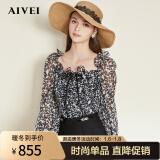 【预售30天内发货】aivei欣贺艾薇2021春季新品蝴蝶结方领印花雪纺衫