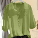 元乐申雪纺短袖衬衫女夏季薄款新款高级感法式V领中袖上衣 绿色 6188 2XL 建议125-140斤