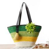 名夏新款VIVI杂志款田园两朵花草编包纯色编织包沙滩包 款式2-果绿色