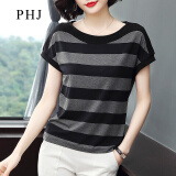 PHJ 短袖T恤女夏季新款韩版修身显瘦条纹半袖体桖衫中年女士圆领上衣 灰条纹 M