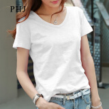 PHJ 纯色t恤女短袖夏季新款套头显瘦竹节棉半袖体恤衫时尚V领上衣 白色 XL