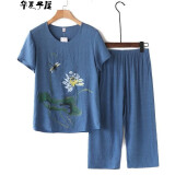 华夏子屋妈妈装套装夏短袖女中年妇女夏季两件套中老年人棉麻套装女装 蓝色套装 XL（建议85-105斤）