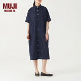 无印良品（MUJI）女式 棉桑蚕丝 短袖连衣裙 衬衫裙女装夏季裙子 BC05CC3S 藏青格纹 S-M（160/84A）