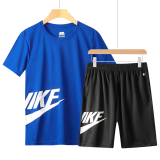 欧联霸运动套装短袖男夏季跑步服休闲两件套速干衣T恤五分裤足球训练服 蓝色 M（建议80-100斤）