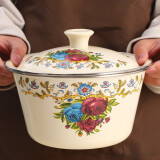 欧丽家搪瓷盆带盖 家用厨房瓷碗怀旧老式猪油瓷盆搪瓷碗珐琅汤盆搅拌碗  蓝玫瑰 30cm