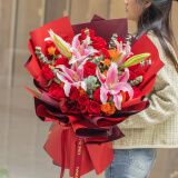 领香鲜花速递33朵香槟玫瑰花束送老婆女友生日礼物表白全国同城配送 19朵红玫瑰百合混搭花束