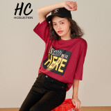 hcollection2019欧美女装夏新款字母印花撞色短袖显瘦t恤hu82030 红色