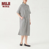 无印良品（MUJI）女式 棉桑蚕丝 短袖连衣裙 衬衫裙女装夏季裙子 BC05CC3S 白色条纹 L-XL（170/92A）