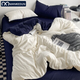曼克顿（MANKEDUN）悦柔水洗棉四件套120g加厚磨毛耐用纯色轻绣床单被套床上三套件 双拼-白蓝灰 特殊1.5m床适用/被套1.8*2.2m