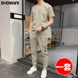 DIOULIFE 夏天男士休闲套装夏季韩版运动套装男衣服冰丝短袖T恤套装潮牌 855卡其 M