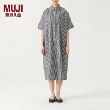 无印良品（MUJI）女式 棉桑蚕丝 短袖连衣裙 裙子 衬衫裙 polo连衣裙 BC05CC3S 黑色条纹 L-XL（170/92A）