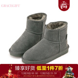 gracegift 【刺绣猫咪可爱保暖】2018秋冬新品平底短靴雪地靴女靴 灰