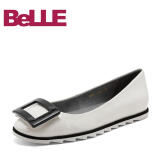 belle/百丽女鞋单鞋2019春新漆牛皮革几何大扣平跟休闲鞋98081aq9 米