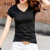 PHJ 夏季新款韩版女装修身显瘦女士上衣纯色V领短袖T恤女 黑色 M
