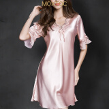 MOXTOC性感睡衣女士冰丝睡裙V领薄款蕾丝宽松显瘦仿真丝家居服 粉红色 160M（80-100斤)