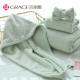 洁丽雅（Grace）浴巾可爱女家用成人吸水裹巾速干毛巾浴巾干发帽束发带绿色四件套