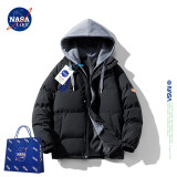 NASA LIKE官方潮牌棉服冬季加厚连帽外套保暖男士棉衣羽绒棉服情侣大码棉袄 黑色 XL（建议120-140斤）