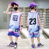 圣笑童装男童夏款套装夏季短袖+短裤子儿童篮球服运动中大童两件套 中国少年紫色 130码建议身高120cm