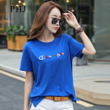 PHJ 韩版短袖t恤女夏季新款圆领绣花半袖体恤中年女士宽松打底上衣 蓝色 M（105-120斤）