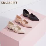 grace gift春季新品单鞋女粗跟一字扣中空尖头浅口后包低跟鞋女鞋