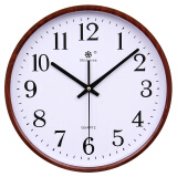 七王星钟表挂钟客厅现代简约家用石英钟电子表时钟带日历温度万年历挂表 7658木纹白盘