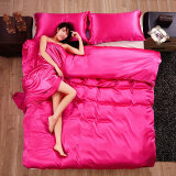 云兮家纺 纯色4件套床上用品可裸睡丝滑床单被套套件冰丝四件套 玫红色 1.8米床被套200*230cm