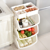 百露带储物盒厨房置物架储物架收纳架加厚款可放置干货水果蔬菜置物架 白色三层带盒