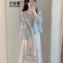 丹珠娜（DanZhuNa）新中式连衣裙女装2024夏季新款国风套装绝美汉服改良版长裙子夏天 蓝色上衣+白色裙子 M