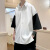 艾梵斯贝韩版时尚潮流宽松男士撞色七分袖衬衫青少年设计感小众衬衣潮外套 黑色 2XL