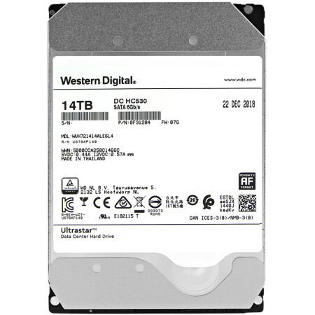 西部数据(Western Digital) 14TB HC530 SATA6GB/S 7200转512M 氦气密封 企业级硬盘(WUH721414ALE6L4)