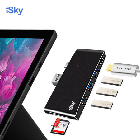 iSky Surface Pro5/6转换器微软USB3.0转接头Mini DP转HDMI视频连接线HUB扩展坞笔记本电脑4K分线器 静谧黑