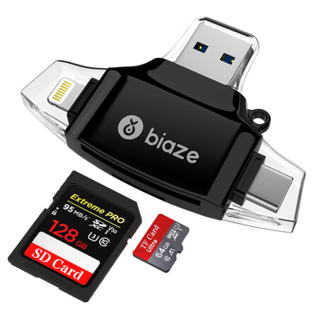 毕亚兹(BIAZE) 多功能四合一OTG数据读卡器 USB3.0手机U盘 插TF/SD卡 Type-c安卓苹果手机电脑通用 A9-黑,降价幅度5.9%