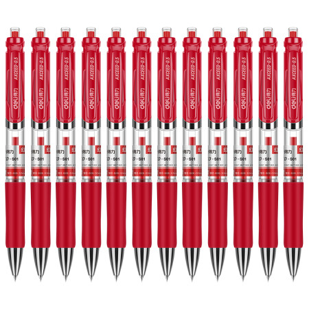 得力(deli)S01红色0.5mm经典办公按动中性笔水性笔子弹头签字笔 12支/盒