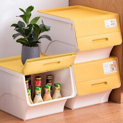 茶花塑料大号整理箱前开式翻盖储物箱卧室零食玩具杂物可叠加收纳盒 黄色34L*3个装