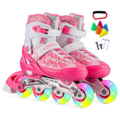 动感（ACTION） 动感溜冰鞋儿童全套装可调 轮滑鞋直排轮旱冰鞋滑冰鞋男女 粉红单鞋(8轮全闪) S码(33-36码)