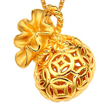 金鑫珠宝 招财福袋 黄金饰品 3D硬足金吊坠 足