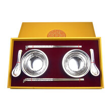 金言 990足银龙凤纯银餐具礼品六件套 银碗x2