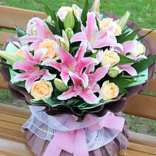 钟爱 鲜花速递 19朵香槟玫瑰8朵百合花束 鲜花
