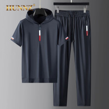 HUNNZ品牌高尔夫服装男套装夏季弹力短袖T恤两件套男2022新款连帽高尔夫球衣衣男 蓝色 L