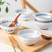 京东超市亿嘉 陶瓷碗5个装5英寸饭碗 日式手绘釉下彩 高脚防烫 陶瓷甜品碗水果碗家用碗   和风系列