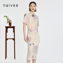 纳薇（naivee）商场同款24夏新款新中式草木染改良旗袍裙斜襟连衣裙 米色 预售 预计5月8日前发货 160/84A/M