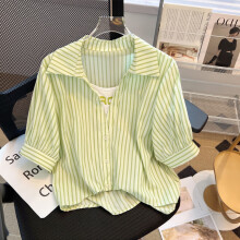 JZOG2024年新款夏装短袖雪纺上衣女装时尚假两件条纹衬衫洋气小衫夏季 绿色 M 建议(95-105斤)