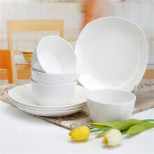 SKYTOP斯凯绨 餐具套装碗盘碟陶瓷骨瓷纯白8头方形