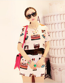 2014新款春装 欧美街头猫咪短袖<em>修身</em>套装T恤