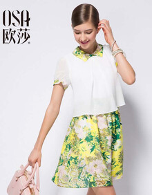 OSA欧莎2014<em>夏季</em>新款女装<em>假两件</em>套短袖雪纺