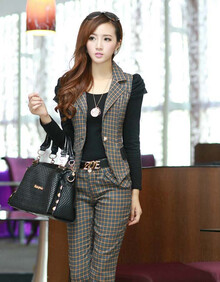 玫斯妮秋装新款韩版淑女职业装<em>格子马甲英伦</em>显