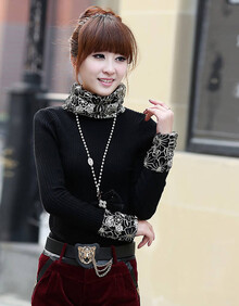 华季 新品复古蕾丝拼接高领<em>毛衣加厚</em>修身<em>打底</em>