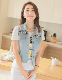 014新品女装 个性复古 钉珠亮片 <em>牛仔短马甲</em> M